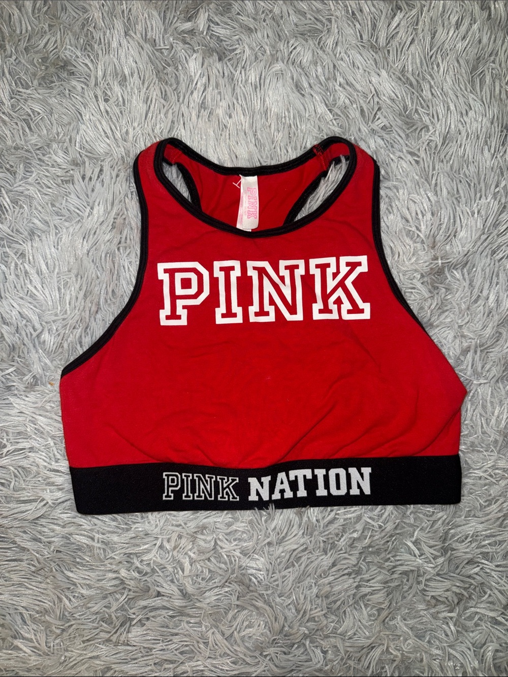 PINK Victoria's Secret Red Racerback Logo Crop Top Sports Bra with Black Trim